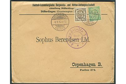 5 c. og 50 c. med perfin D.L. på fortrykt kuvert fra Deutsch-Luxemburgische Bergwerks- und Hütten Aktiengesellschaft fra Differdingen Usines d. 8.9.1915 til København, Danmark. Tysk censur fra Trier.