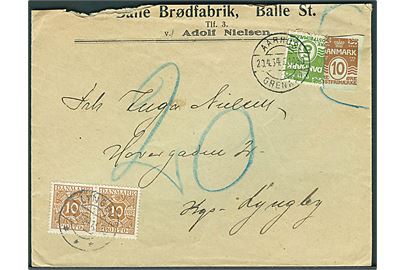 5 øre Bølgelinie og 10 øre helsagsafklip (markeret ugyldig) på brev fra Balle annulleret med bureaustempel Aarhus - Grenaa T.1080 d. 20.4.1934 til Lyngby. Udtakseret i porto med 10 øre Portomærke (par) stemplet Lyngby d. 21.4.1934.