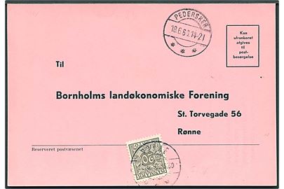 Ufrankeret svarkort fra Pedersker d. 18.6.1960 til Rønne. Udtakseret i enkeltporto med 20 øre Portomærke stemplet Rønne d. 20.6.1960.