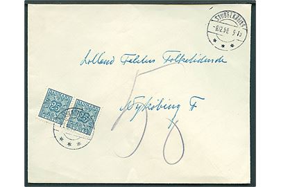 Ufrankeret brev fra Stubbekøbing d. 9.12.1950 til Nykøbing F. Udtakseret i porto med 25 øre Portomærke i parstykke stemplet Nykøbing Fl. d. 11.12.1950.
