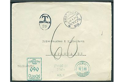 Ufrankeret brev fra Amsterdam d. 26.1.1938 til København, Danmark. Udtakseret i porto med 60 øre grønt portomaskinstempel.