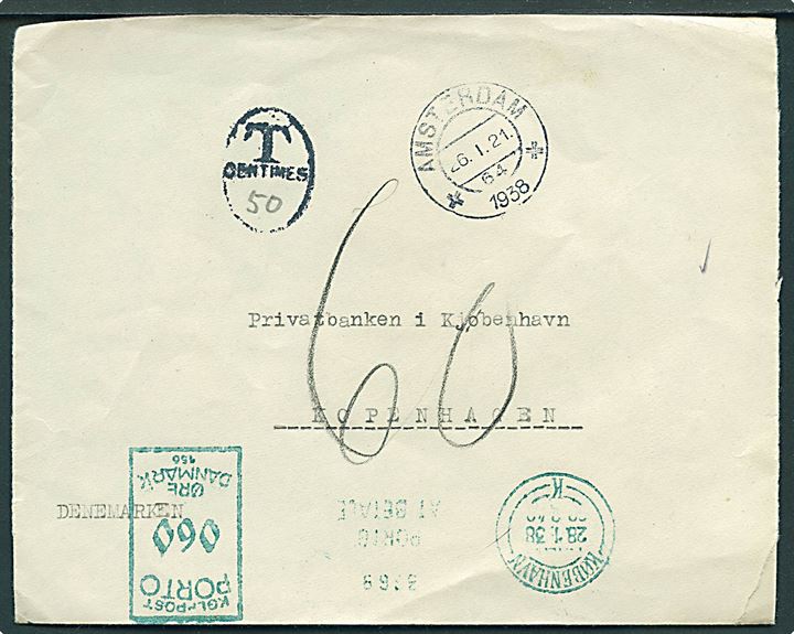 Ufrankeret brev fra Amsterdam d. 26.1.1938 til København, Danmark. Udtakseret i porto med 60 øre grønt portomaskinstempel.