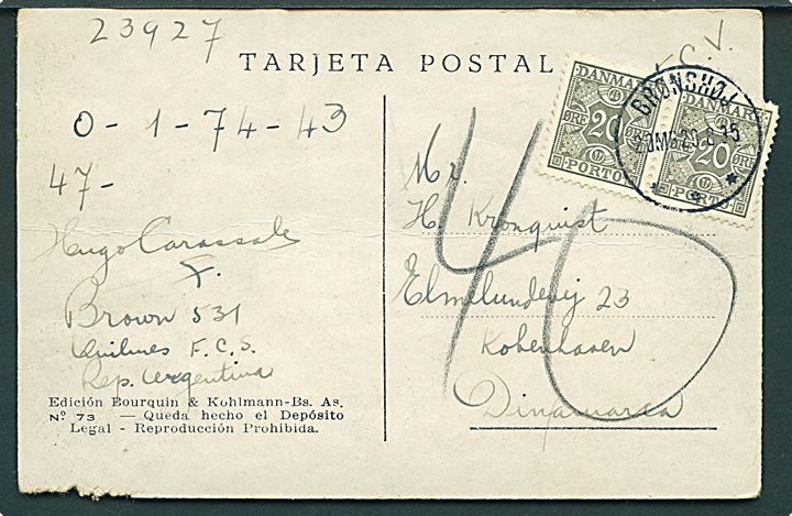 Ufrankeret brevkort fra Argentina til København, Danmark. Udtakseret i porto med 20 øre Portomærke i parstykke stemplet brotype IIIi Brønshøj d. 23.8.1935.
