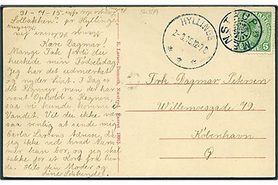 5 øre Chr. X på brevkort (Gumperup Klint) annulleret med stjernestempel MENSTRUP og sidestemplet Hyllinge d. 2.8.1915 til København.