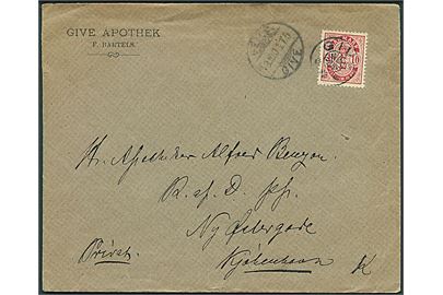 10 øre Våben på brev annulleret med stjernestempel GIVE og sidestemplet bureau Veile - Give T.5 d. 18.10.1903 til Kjøbenhavn.