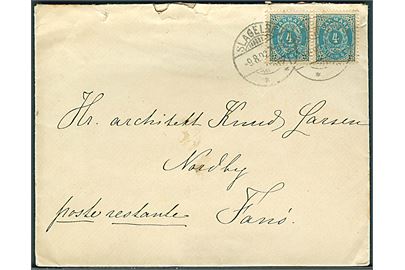 4 øre Tofarvet 62. tryk i parstykke på brev fra Slagelse d. 9.8.1892 til poste restante, Nordby, Fanø. På bagsiden laipdar Nordby d. 10.8.1892.