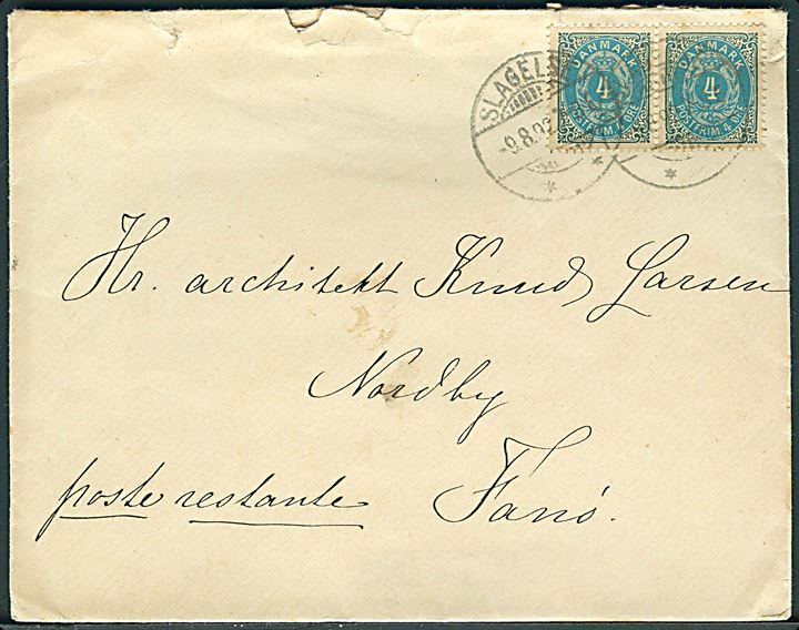 4 øre Tofarvet 62. tryk i parstykke på brev fra Slagelse d. 9.8.1892 til poste restante, Nordby, Fanø. På bagsiden laipdar Nordby d. 10.8.1892.