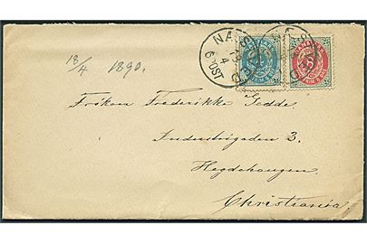 4 øre 51. tryk og 8 øre 57. tryk Tofarvet på brev annulleret med lapidar Næstved d. 18.4.1890 til Christiania, Norge.