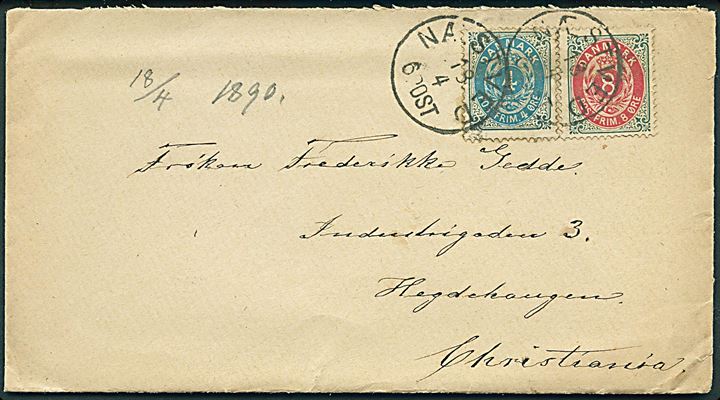 4 øre 51. tryk og 8 øre 57. tryk Tofarvet på brev annulleret med lapidar Næstved d. 18.4.1890 til Christiania, Norge.
