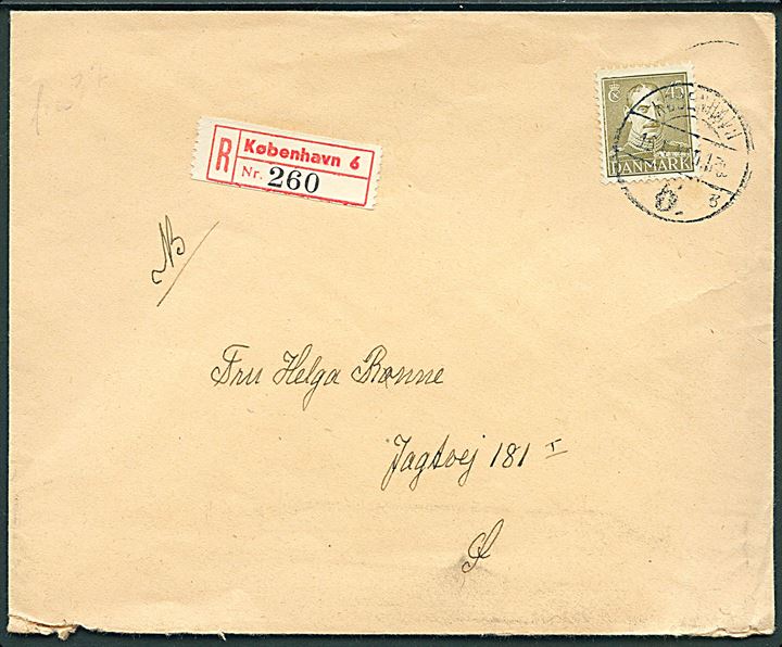 45 øre Chr. X single på lokalt anbefalet brev i København d. 16.4.1949.