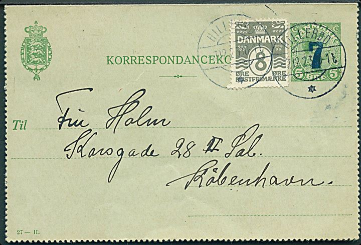 7/5 øre provisorisk helsags korrespondancekort (fabr. 27-H) opfrankeret med 8 øre Bølgelinie fra Hillerød d. 7.12.1923 til København.