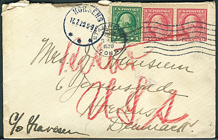 1 cent og 2 cents (par) på brev fra Stamford d. 2.7.1920 til Horsens, Danmark. Retur med 2-sproget etiket Ubekjendt.