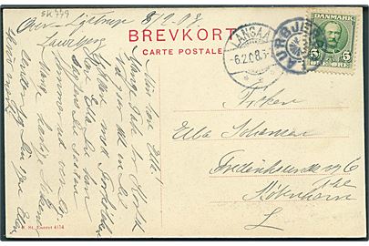 5 øre Fr. VIII på brevkort annulleret med stjernestempel LAURBJERG og sidestemplet Langaa d. 6.2.1908 til Kjøbenhavn.