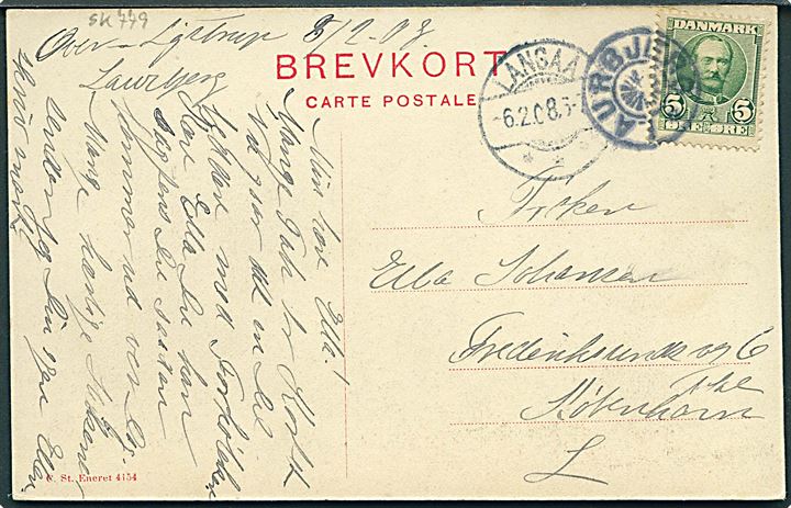 5 øre Fr. VIII på brevkort annulleret med stjernestempel LAURBJERG og sidestemplet Langaa d. 6.2.1908 til Kjøbenhavn.