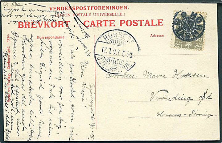 3 øre Bølgelinie på lokalt brevkort annulleret med stjernestempel HORNSYLD og sidestemplet bureau Horsens - Juelsminde T.6 d. 12.1.1908 til Vrønding St. på Horsens-Tørring banen.