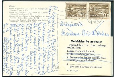 25 øre Dansk Fredning (2) på søndagsbrevkort fra Glostrup d. 5.12.1964 til Gentofte. Påsat meddelelse fra posthuset - F7 (2-57 A8) - vedr. brevkortet afsendt for sent til omdeling søndag.