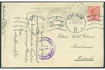 10 øre Chr. X på brevkort fra Kjøbenhavn d. 4.4.1915 til Mariehamn, Åland. Russisk censur fra Helsingfors.