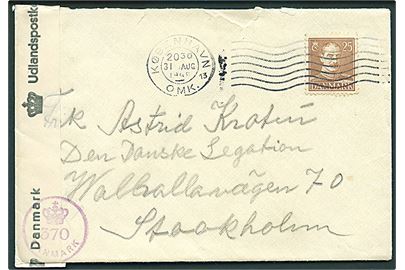 25 øre Chr. X på brev fra København d. 31.8.1945 til danske Legation i Stockholm, Sverige. Åbnet af dansk efterkrigscensur (krone)/370/Danmark.