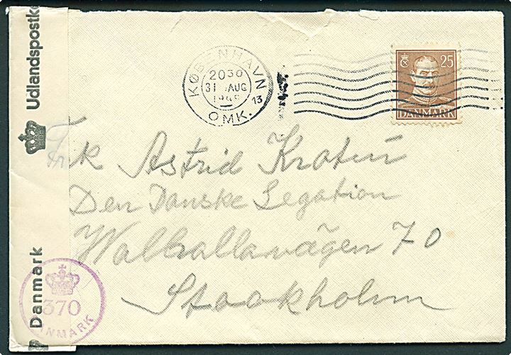 25 øre Chr. X på brev fra København d. 31.8.1945 til danske Legation i Stockholm, Sverige. Åbnet af dansk efterkrigscensur (krone)/370/Danmark.