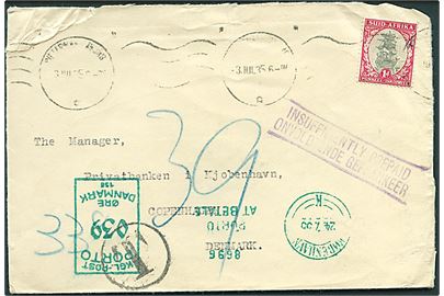 Suid-Afrika 1d på underfrankeret brev med svagt stempel d. 3.3.1935 til København, Danmark. Udtakseret i 39 øre porto med grønt portomaskinstempel d. 24.7.1935.