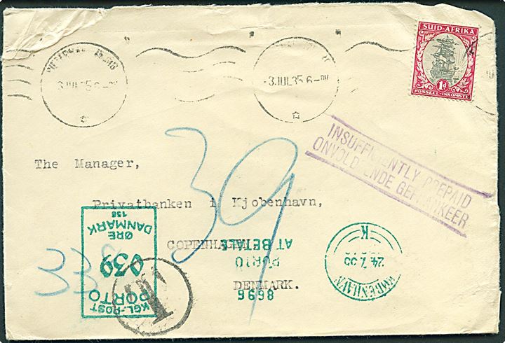 Suid-Afrika 1d på underfrankeret brev med svagt stempel d. 3.3.1935 til København, Danmark. Udtakseret i 39 øre porto med grønt portomaskinstempel d. 24.7.1935.