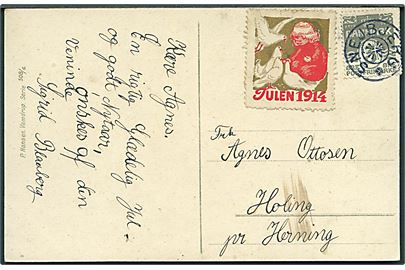 3 øre Bølgelinie og Julemærke 1914 på lokalt julekort (Pige med legetøj) annulleret med stjernestempel SNEJBJERG til Holing pr. Herning.