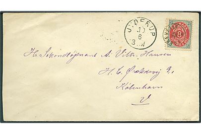 8 øre Tofarvet på brev annulleret med stjernestempel FAAREVEILE og sidestemplet lapidar Jyderup d. 10.6.1892 til Kjøbenhavn.