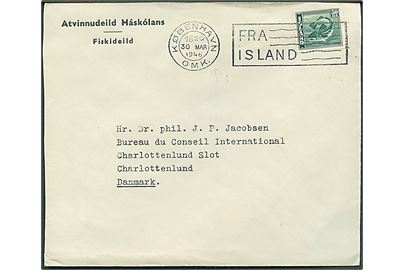 50 aur Torsk på skibsbrev fra Reykjavik annulleret med TMS København OMK. / Fra Island d. 30.3.1946 til Charlottenlund.