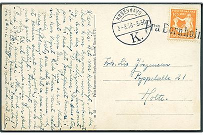 10 øre H. C. Andersen på brevkort (Salomons Kapel, Bornholm) annulleret med skibsstempel Fra Bornholm og sidestemplet København d. 3.8.1936 til Holte.