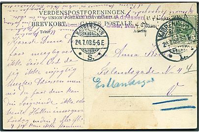 5 øre Fr. VIII på brevkort fra Kjøbenhavn L. d. 24.7.1908 til København V. Stemplet Ubekendt efter Adressen København S.