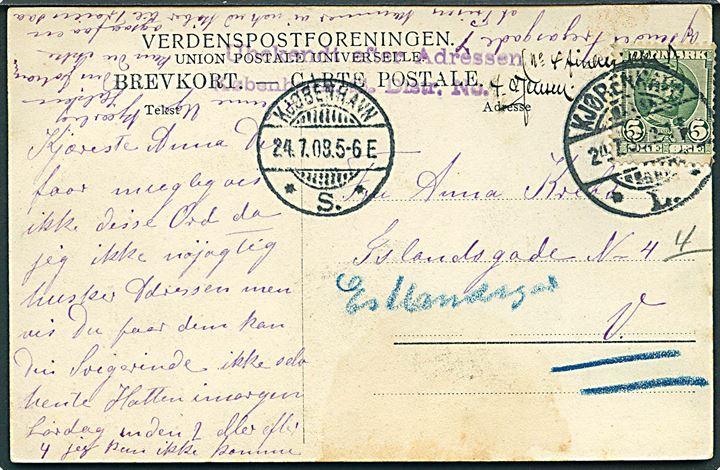 5 øre Fr. VIII på brevkort fra Kjøbenhavn L. d. 24.7.1908 til København V. Stemplet Ubekendt efter Adressen København S.