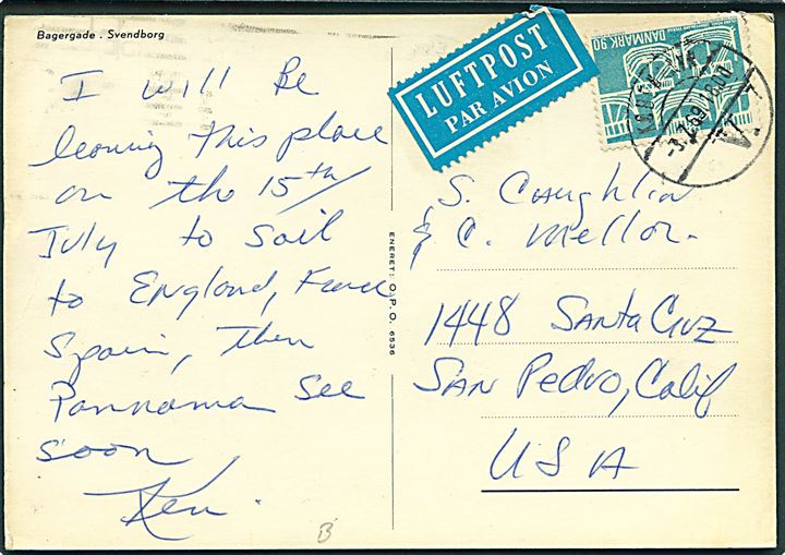90 øre Nordens Dag på luftpost brevkort fra København d. 3.7.1969 til San Pedro, USA.