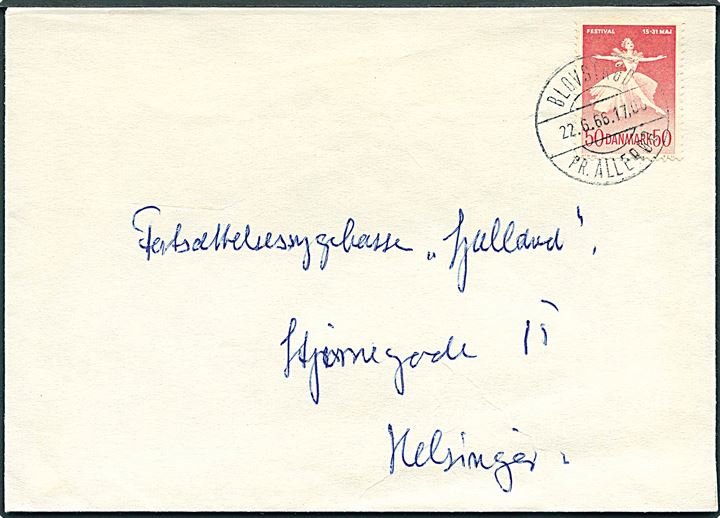 50 øre Musik- og Balletfestival på brev annulleret med pr.-stempel Blovstrød pr. Allerød d. 22.6.1966 til Helsingør.
