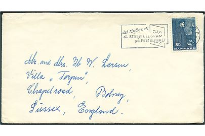 80 øre Georg Jensen single på brev fra Nykøbing F. 1967 til Bolney, Sussex, England.