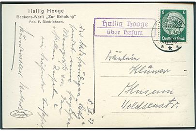 6 pfg. Hindenburg på brevkort (Hallig Hooge, Backens-Warft Zur Erholung) stemplet Pellworm d. 8.9.1933 og sidestemplet Hallig Hooge über Husum til Husum.