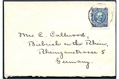 25 bit Fr. VIII single på brev stemplet St. Thomas d. 6.?.1914 til Biebrich, Tyskland.