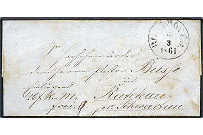 1861. Værdibrev med svagt antiqua Bronhöved d. 6.3.1861 til Ratekau pr. Schwartau. På bagsiden 2 laksegl fra Kgl. Poststation zu Bornhöved. 