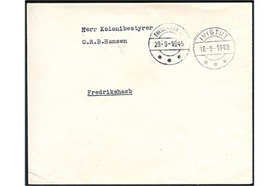 Ufrankeret fortrykt kuvert fra Ivigtut Kryolithbrud sendt indenrig fra Ivigtut d. 18.9.1945 til Frederikshaab. Ank.stemplet Frederikshaab d. 28.9.1945.