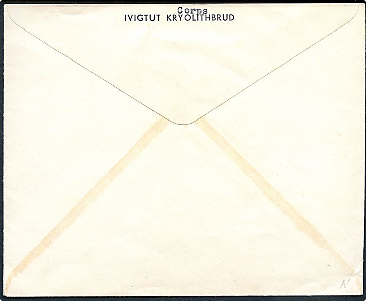 Ufrankeret fortrykt kuvert fra Ivigtut Kryolithbrud sendt indenrig fra Ivigtut d. 18.9.1945 til Frederikshaab. Ank.stemplet Frederikshaab d. 28.9.1945.