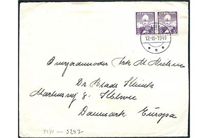 10 øre Chr. X (2) på brev fra Julianehaab d. 12.10.1940 til København, Danmark. Åbnet af tysk censur i Frankfurt. Et mærke defekt.