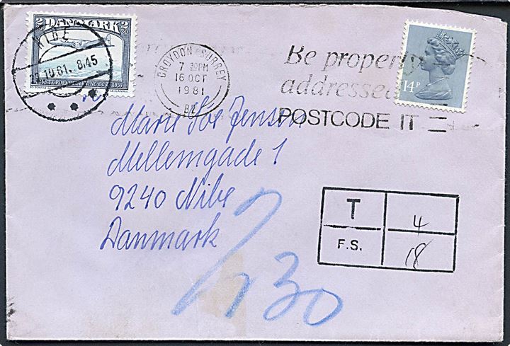 Engelsk 14d Elizabeth på underfrankeret brev fra Croydon d. 16.10.1981 til Nibe, Danmark. Udtakseret i porto med 2,30 kr. Flyvning benyttet som portomærke stemplet Nibe d. 22.10.1981.