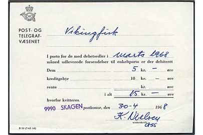 Portoregning for debet sedler i marts 1968 - formular B 58 (7-65 A6) fra Skagen d. 30.4.1968.