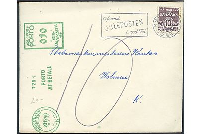 10 øre Bølgelinie på underfrankeret lokalbrev i København d. 18.12.1948. Udtakseret i 10 øre porto med grønt portomaskinstempel.