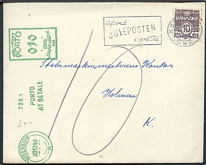 10 øre Bølgelinie på underfrankeret lokalbrev i København d. 18.12.1948. Udtakseret i 10 øre porto med grønt portomaskinstempel.