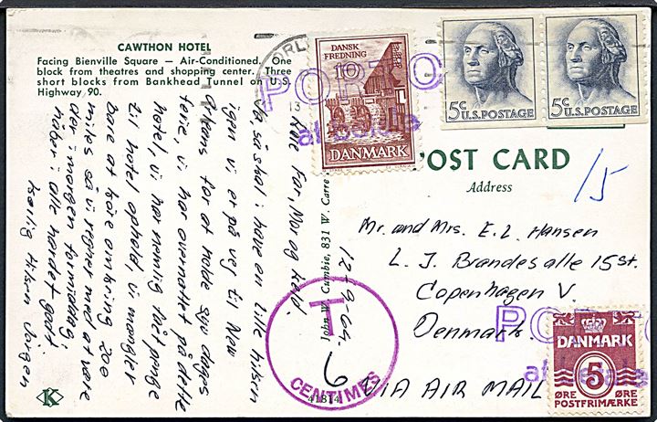 5 c. Washington (2) på underfrankeret brevkort fra New Orleans 1964 til København, Danmark. Udtakseret i porto med 5 øre Bølgelinie og 10 øre Dansk Fredning stemplet Porto at betale.