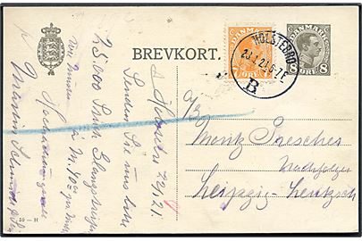 8 øre Chr. X helsagsbrevkort (fabr. 59-H) opfrankeret med 7 øre Chr. X annulleret brotype IIIb Holstebro B. d. 23.1.1921 til Leipzig, Tyskland.