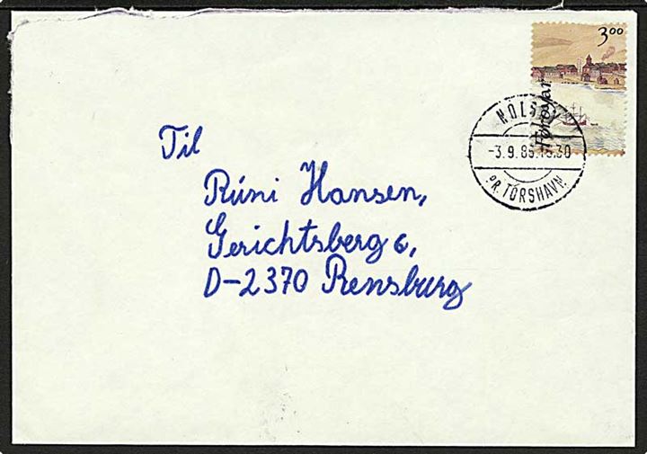 3 kr. fra Hafnia 87 blok på brev annulleret med pr.-stempel Nolsoy pr. Tórshavn d. 3.9.1986 til Rensburg, Tyskland.