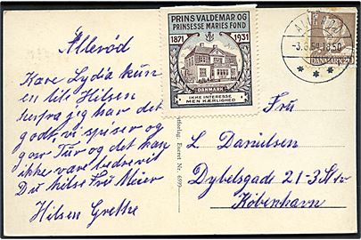 20 øre Fr. IX og yderligt placeret mærkat Prins Valdemar og Prinsesse Maries Fond på brevkort (Prins Valdemar og Prinsesse Maries Hvilehjem, Lillerød) fra Allerød d. 3.8.1954 til København.