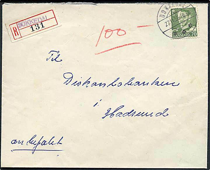 70 øre Fr. IX single på anbefalet brev annulleret med brotype IId Dokkedal d. 27.11.1956 til Hadsund. Blanko-rec.-etiket med liniestempel DOKKEDAL.