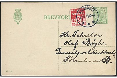 5 øre Chr. X helsagsbrevkort (fabr. 47-C) opfrankeret med 2 øre Bølgelinie annulleret med brotype IIIb Aalsgaarde d. 27.8.1918 til København.